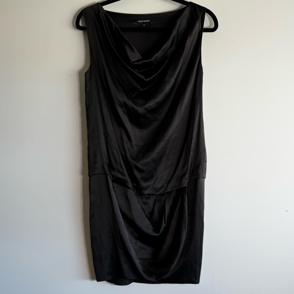 Laila Azhar black silk draped cocktail dress size 4